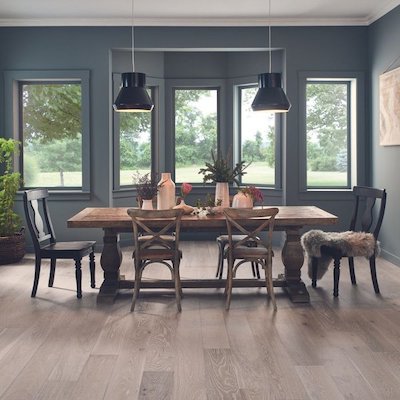 hardwood floors in a charming rustic dining room