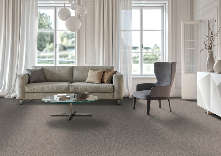 grey carpet in living room with modern decor.